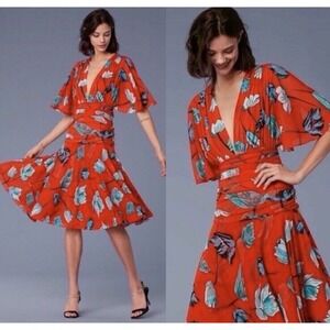DIANE VON FURSTENBERG Asher Vermillion‎ Flutter Sleeve Cinch Waist Dress, Size S